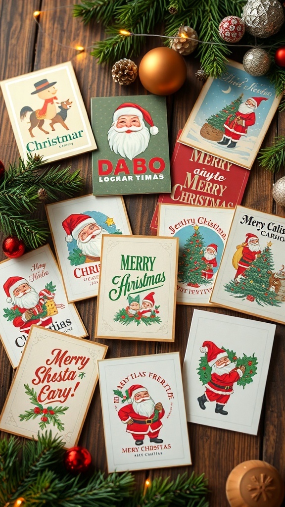 A variety of retro Christmas cards with vintage designs on a rustic wooden table, surrounded by holiday decorations.